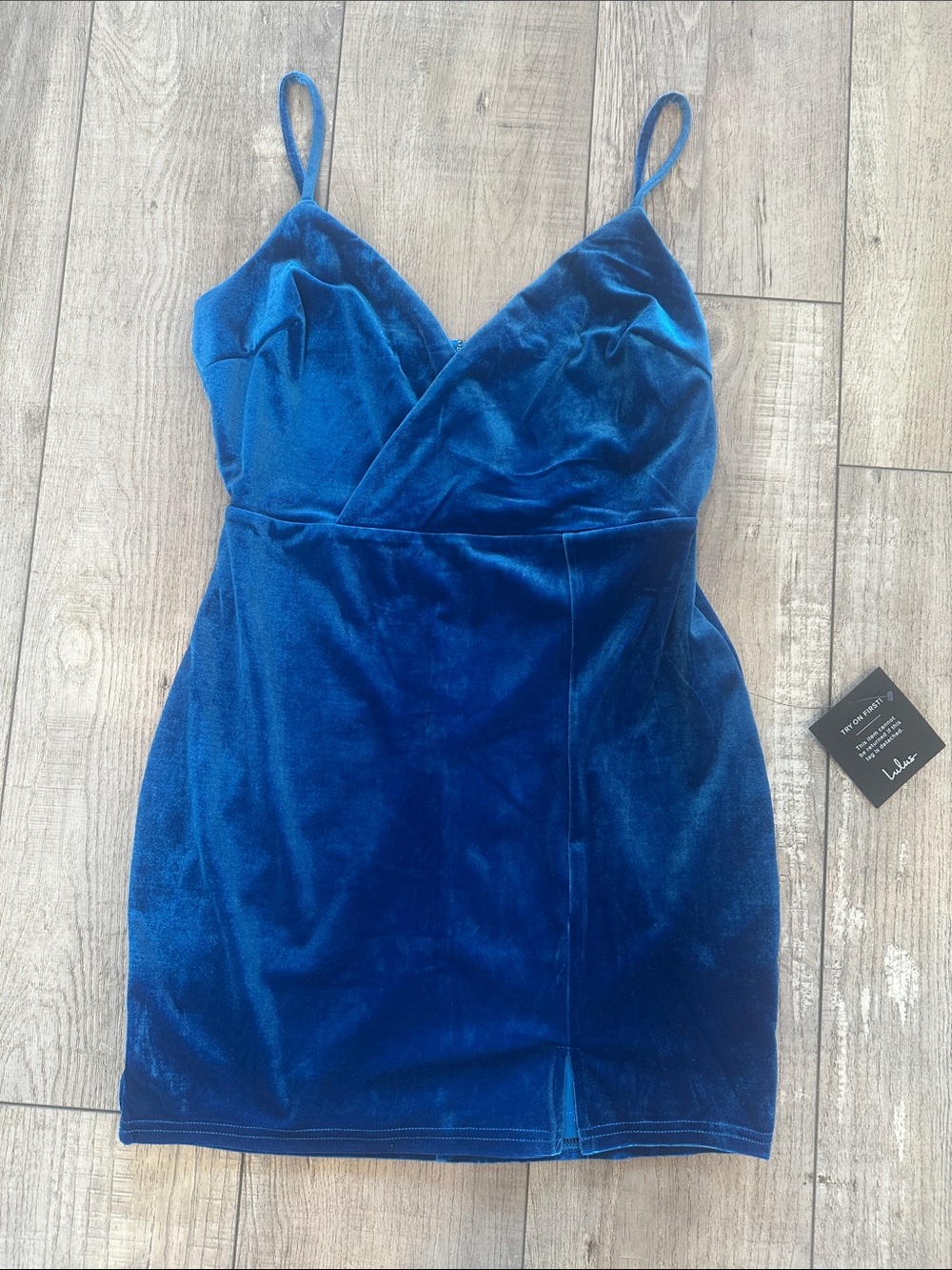 Lulu's Royal Blue Velvet Wrap-Front Spaghetti Strap Mini Dress